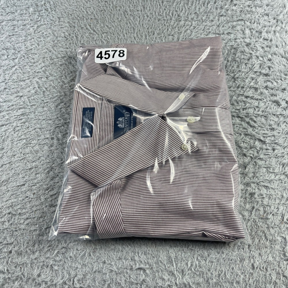 Stafford Mens 17.5 Burgundy White Striped Wrinkle Free Short Sleeve Dress Shirt - Picture 8 of 8